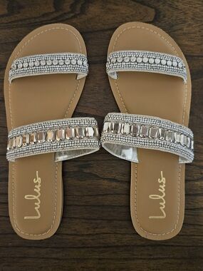 Lulu's Tan Footbed Jeweled Double-Strap Slide Sandals